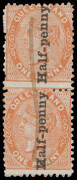 1880 Surcharge 'Half-penny' on 1d reddish brown Die II vertical pair, the lower unit with 'QOEENSLAND' SG 151ab, vertical ink-line cancel (presumably fiscal), Cat £1480+. Ex Bernie Manning. [NB: It is believed no postally used example is known of the vari