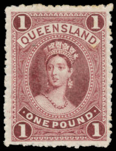1882-95 Large Chalons &pound;1 perforated plate proof in plum on thick watermarked paper. Lovely shade. [Basset Hull at page 160 states that this was a colour trial made in March 1897, apparently for a proposed change of colour: see Alan Griffiths "Stamp Magazi