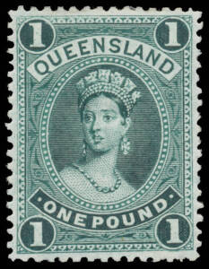 1903 Recess High Values 2/6d vermilion BW #Q53A (SG 270) two examples in slightly different shades & £1 deep green BW #Q62 (SG 271), large-part o.g., Cat $3300 (£2380). The £1 is a rare stamp that was absent from Bernie Manning's collection. RPSofL Certif