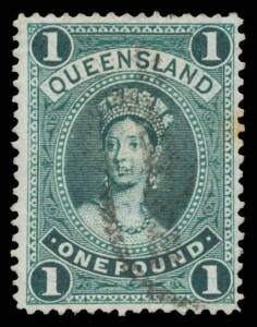 1903 Recess High Values Line Perf 12½,13 £1 deep green BW #Q62 (SG 271), ironed-out vertical crease & a few toned perfs, untidy cancellation, Cat $1500 (£700) for CTO. RPSofV Certificate (2016). [The ACSC states that all "used" examples seen are CTO "and 