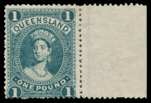 1905-06 Litho High Values Perf 12 5/- rose & £1 deep blue-green (a short stamp) BW #Q57 & 64 (SG 273-4) marginal examples from the right of the sheets, large-part o.g., Cat $800 (£700). (2)