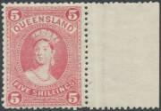 1905-06 Litho High Values Perf 12 5/- rose & &pound;1 deep blue-green (a short stamp) BW #Q57 & 64 (SG 273-4) marginal examples from the right of the sheets, large-part o.g., Cat $800 (&pound;700). (2) - 2
