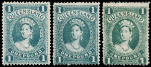 1907-11 Lithographed High Values 2/6d x3 shades, 5/- x3 shades, 10/- x2 (same shade) & £1 x3 shades (the so-called "yellow-green" is regummed & has been repaired at upper-left) SG 309-312d, large-part o.g., Cat $6000 (£3750). Very difficult group to assem