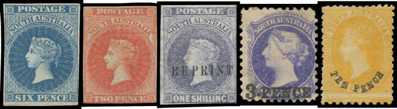 Attractively presented collection with Imperf London Printing 6d & Adelaide Printing 2d (both possibly cleaned), a few Roulettes, 1868-79 including '3-PENCE' on 4d x2, 'TEN PENCE' on 9d & 2/- x3, Perf 10 '3-PENCE' on 4d, Perf 10x11½ 'TEN PENCE' on 9d, Bro