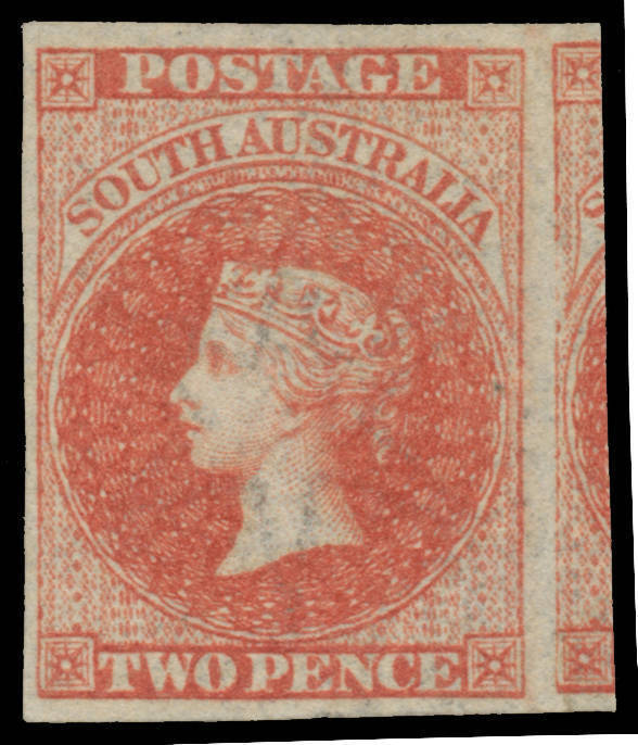 1855 London Printings by Perkins Bacon 2d red SG 2, margins good to huge with a chunk of the adjoining unit at right, unused, Cat £800. Superb!