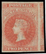 1855 London Printings by Perkins Bacon 2d red SG 2, margins good to huge with a chunk of the adjoining unit at right, unused, Cat &pound;800. Superb!