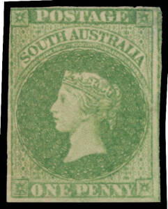 1856-58 Adelaide Printings 1d yellow-green SG 6, margins just clear to large with a fragment of the adjoining unit at right, the upper-right corner thinned & with a small repaired tear, unused, Cat £8500. A rare stamp. RPSofV Certificate (2016).
