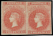 1856-58 Adelaide Printings 2d red SG 9 horizontal pair, margins good to large, ironed-out horizontal crease, unused, Cat £1500+.