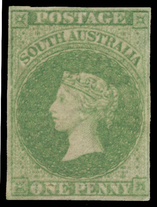 1858-59 First Roulettes 1d yellow-green SG 13, roulettes above the value tablet but cut from the sheet to preserve the design, unused, Cat £1000.