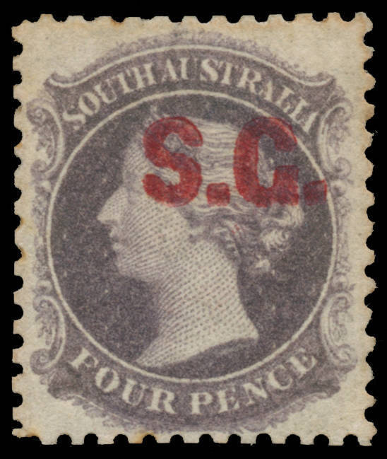 DEPARTMENTALS: 'S.G.' of Surveyor-General in Red on Perf 11½-12½ 4d dull purple, exceptional centring & perfs, a few slightly toned perf tips otherwise superb, large-part o.g. Rated RRR. One of the very finest Departmentals we have offered: acquired at th