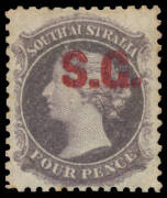 DEPARTMENTALS: 'S.G.' of Surveyor-General in Red on Perf 11½-12½ 4d dull purple, exceptional centring & perfs, a few slightly toned perf tips otherwise superb, large-part o.g. Rated RRR. One of the very finest Departmentals we have offered: acquired at th