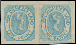 1853 Couriers Early Printings on Medium Soft Yellowish Paper 1d pale blue SG 1 horizontal pair, margins good to very large with complete outer framelines, a couple of insignificant surface blemishes, scissor-cut at the base between the units with coincide