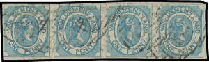 1853 Couriers Early Printings on Medium Soft Yellowish Paper 1d blue SG 2 horizontal strip of 4, margins good to large with complete outer framelines except at left, the second & third units with thinning & the third unit with 3mm closed tear at the top, 