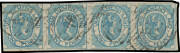 1853 Couriers Early Printings on Medium Soft Yellowish Paper 1d blue SG 2 horizontal strip of 4, margins good to large with complete outer framelines except at left, the second & third units with thinning & the third unit with 3mm closed tear at the top, 