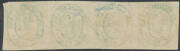 1853 Couriers Early Printings on Medium Soft Yellowish Paper 1d blue SG 2 horizontal strip of 4, margins good to large with complete outer framelines except at left, the second & third units with thinning & the third unit with 3mm closed tear at the top, - 2