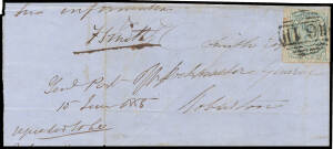 1853 Couriers 1d pale blue SG 3, an enormous example with margins good to huge & almost complete 'Printed by H & C Bes[t]' Imprint, on 1855 (June) part town letter to "FC Smith/Postmaster General/Hobarton" irregularly cancelled with a light strike of the 