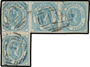 1853 Couriers Later Printings on Hard White Paper 1d blue SG 4 irregular strip of 4 [1-3/7], large even margins with complete outer framelines except at lower-left, First Allocation BN '61' cancellations of Hobart, Cat &pound;5200++. A rare & remarkably fine mu