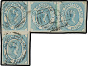 1853 Couriers Later Printings on Hard White Paper 1d blue SG 4 irregular strip of 4 [1-3/7], large even margins with complete outer framelines except at lower-left, First Allocation BN '61' cancellations of Hobart, Cat &pound;5200++. A rare & remarkably fine mu