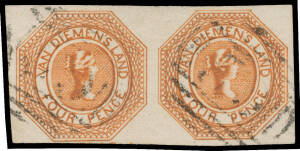 1853 Couriers FOUR PENCE: Plate I Fine Engraving 4d bright brownish orange SG 6 horizontal pair [19-20], margins good to large with complete outer framelines & traces of the imprint below the first unit, light numeral cancellation, Cat £2600+. Superb! Ex 