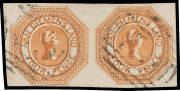 1853 Couriers FOUR PENCE: Plate I Fine Engraving 4d bright brownish orange SG 6 horizontal pair [19-20], margins good to large with complete outer framelines & traces of the imprint below the first unit, light numeral cancellation, Cat £2600+. Superb! Ex