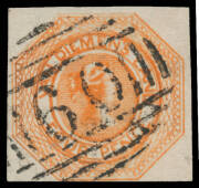 1853 Couriers Plate I Worn Impressions with Blurred Lines 4d red-orange SG 7 Double Impression, margins close to large with complete outer framelines, very fine First Allocation '60' cancellation, Cat &pound;475++. Georg B&uuml;hler Certificate (1981). [The doubling