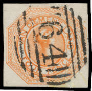 1853 Couriers Plate II Coarse Engraving 4d orange SG 10, good even margins with complete outer framelines, superb First Allocation BN '64' cancellation, Cat &pound;425.