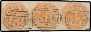 1853 Couriers Plate II Coarse Engraving 4d orange SG 10 horizontal strip of 3 [2-4], margins close to large with complete outer framelines except at left, insignificant scissor-cut at base between the second & third units, First Allocation BN '59' cancell