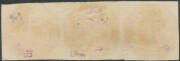 1853 Couriers Plate II Coarse Engraving 4d orange SG 10 horizontal strip of 3 [2-4], margins close to large with complete outer framelines except at left, insignificant scissor-cut at base between the second & third units, First Allocation BN '59' cancell - 2