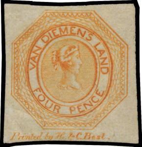 1853 Couriers Plate II Coarse Engraving 4d dull orange SG 11 [19] with margins good to large with complete outer framelines & complete 'Printed by H & C Best' Imprint, creased, unused, Cat £5500+. Ex Koichi Sato, who stated it is the only recorded unused 