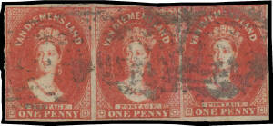 1855 London Printings with Large Star Wmk 1d carmine SG 14 horizontal strip of 3, almost full margins except at the top of the second & third units where a little cut-into, the first unit is very fine, untidy cancellations, Cat £2700+. A rare multiple. Ex