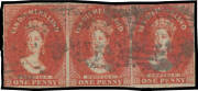 1855 London Printings with Large Star Wmk 1d carmine SG 14 horizontal strip of 3, almost full margins except at the top of the second & third units where a little cut-into, the first unit is very fine, untidy cancellations, Cat &pound;2700+. A rare multiple. Ex