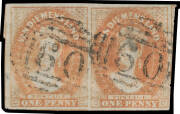 1856-57 No Watermark Thin White Paper 1d pale brick-red SG 19 horizontal pair, margins good to huge with fragments of three adjoining units, First Allocation BN '60', Cat &pound;1300+. Scarce multiple. RPSofV Certificate (2016) states "genuine, repaired" which 
