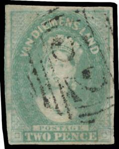 1856-57 No Watermark Thin White Paper 2d pale emerald-green SG 20, unusually large margins with a fragment of the adjoining unit at left, tiny closed tear in the margin at lower-left, First Allocation BN '52' of Ross, Cat &pound;950. Ex Koichi Sato. RPSofV Cert