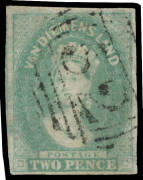 1856-57 No Watermark Thin White Paper 2d pale emerald-green SG 20, unusually large margins with a fragment of the adjoining unit at left, tiny closed tear in the margin at lower-left, First Allocation BN '52' of Ross, Cat &pound;950. Ex Koichi Sato. RPSofV Cert