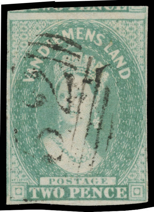 1856-57 No Watermark Thin White Paper 2d pale emerald-green SG 20, delicate shade, margins good to huge with a chunk of the adjoining unit above, First Allocation BN '52' cancellation of Ross, Cat £950. Superb! Ex Koichi Sato (in a mixed lot),