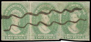 1856-57 No Watermark Thin White Paper 2d pale emerald-green SG 20 horizontal strip of 3, margins good to large except where a little cut-into at the base of the third unit, minor faults, postal manuscript cancellation, Cat £2850++. The equal largest recor