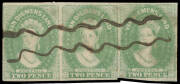 1856-57 No Watermark Thin White Paper 2d pale emerald-green SG 20 horizontal strip of 3, margins good to large except where a little cut-into at the base of the third unit, minor faults, postal manuscript cancellation, Cat &pound;2850++. The equal largest recor