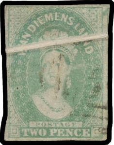 1856-57 No Watermark Thin White Paper 2d dull emerald-green SG 20 with Major Pre-Printing Paper Fold, remarkably for such an item with full margins & fragments of the adjoining unit at right, a little aged, lightly cancelled, Cat £950+. Ex Koichi Sato (in