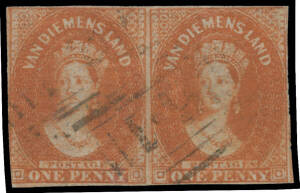 1856-57 No Watermark Pelure Paper 1d deep red-brown SG 24 horizontal pair, margins close to good except at lower-left where very slightly cut-into, lightly cancelled, Cat &pound;1500+. A rare multiple. Ex GH Boucher and Sir Henry Somerset. RPSofL Certificate (1