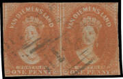 1856-57 No Watermark Pelure Paper 1d deep red-brown SG 24 horizontal pair, margins close to good except at lower-left where very slightly cut-into, lightly cancelled, Cat &pound;1500+. A rare multiple. Ex GH Boucher and Sir Henry Somerset. RPSofL Certificate (1