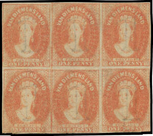 1857-67 Double-Lined Numerals 1d pale red-brown SG 26 block of 6 (3x2), margins just clear to good, ironed-out central horizontal crease & some minor soiling, unused, Cat £3600++. A rare multiple. RPSofV Certificate (2016).