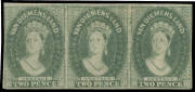 1857-67 Double-Lined Numerals 2d slate-green SG 34 horizontal strip of 3, margins close to large, large-part o.g., Cat &pound;1125++. Another rare multiple. Ex Sir Henry Somerset. RPSofV Certificate (2016).