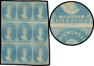 1857-67 Double-Lined Numerals 4d pale blue SG 36 block of 9 [4-6/16-18/28-30], Pos [6] with Major Re-Entry at the Base, a few faults, large-part (aged) o.g., Cat £3600++. Ex Robert Gill and Koichi Sato. RPSofV Certificate (2016).