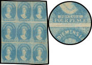 1857-67 Double-Lined Numerals 4d pale blue SG 36 block of 9 [4-6/16-18/28-30], Pos [6] with Major Re-Entry at the Base, a few faults, large-part (aged) o.g., Cat &pound;3600++. Ex Robert Gill and Koichi Sato. RPSofV Certificate (2016).
