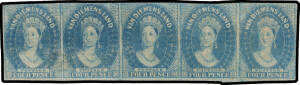 1857-67 Double-Lined Numerals 4d blue SG 37 horizontal strip of 5, good to large margins at left & base, shaved/a little cut-into elsewhere, a few thins, large-part o.g., Cat &pound;2000+. Ex Sir Henry Somerset. RPSofV Certificate (2016) mentions an "ironed-out