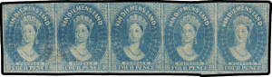 1857-67 Double-Lined Numerals 4d blue SG 37 horizontal strip of 5, good to large margins at left & base, shaved/a little cut-into elsewhere, a few thins, large-part o.g., Cat £2000+. Ex Sir Henry Somerset. RPSofV Certificate (2016) mentions an "ironed-out