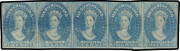 1857-67 Double-Lined Numerals 4d blue SG 37 horizontal strip of 5, good to large margins at left & base, shaved/a little cut-into elsewhere, a few thins, large-part o.g., Cat &pound;2000+. Ex Sir Henry Somerset. RPSofV Certificate (2016) mentions an "ironed-out