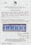 1857-67 Double-Lined Numerals 4d blue SG 37 horizontal strip of 5, good to large margins at left & base, shaved/a little cut-into elsewhere, a few thins, large-part o.g., Cat &pound;2000+. Ex Sir Henry Somerset. RPSofV Certificate (2016) mentions an "ironed-out - 3