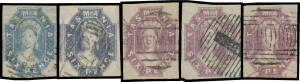 1860-67 'TASMANIA' Hobart Printings 6d dull slate-grey SG 44, 6d slate-violet SG 48 (outer frameline shaved at base) & 6d reddish mauve SG 49 x3 (one with '1'-in-bars cancel of Melbourne), all with full margins & two with fragments of an adjoining unit, C