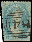 1863-71 Experimental Separations Oblique Roulette 14-15 4d pale blue SG 101 with rouletting at left & the top, otherwise cut from the sheet & just shaved at lower-right, BN '64' of Hobart, Cat &pound;1000. A rare & underrated stamp. RPSofV Certificate (2016).